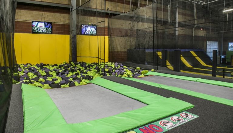 Empty trampoline and foam pit area at Get Air.