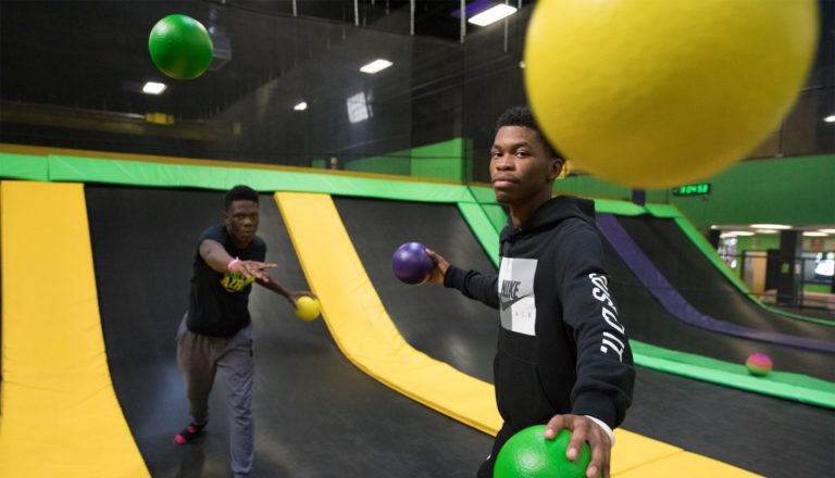 Two boys playing dodgeball at Get Air.