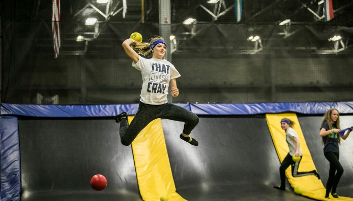 Player jumping during a dodgeball game.